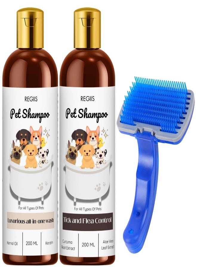 Regiis Pet Shampoo Set with Grooming Brush, Tick and Flea Control, All-in-One Wash, 200ml Bottles, Blue Silicone Brush for Dogs(Pack of 3) - Image 1